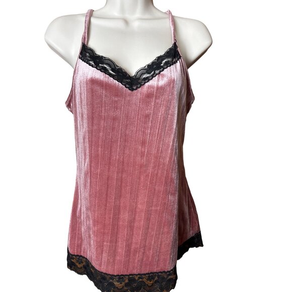 Womens SZ M Pink Velvet  Lace Camisole Top Tank Y2K Fairycore Feminine Soft - Picture 1 of 9